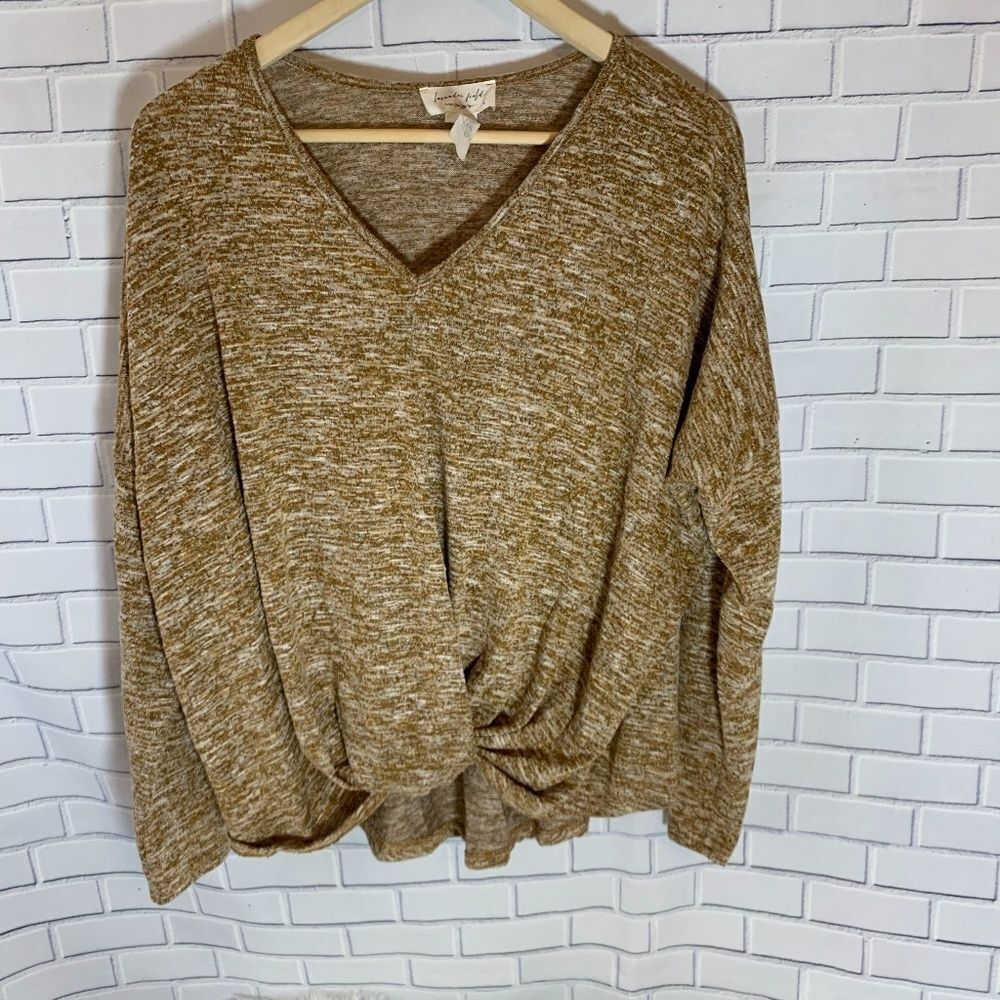 Anthro Lavender Field Tan V Neck‎ Heather Top Sz L